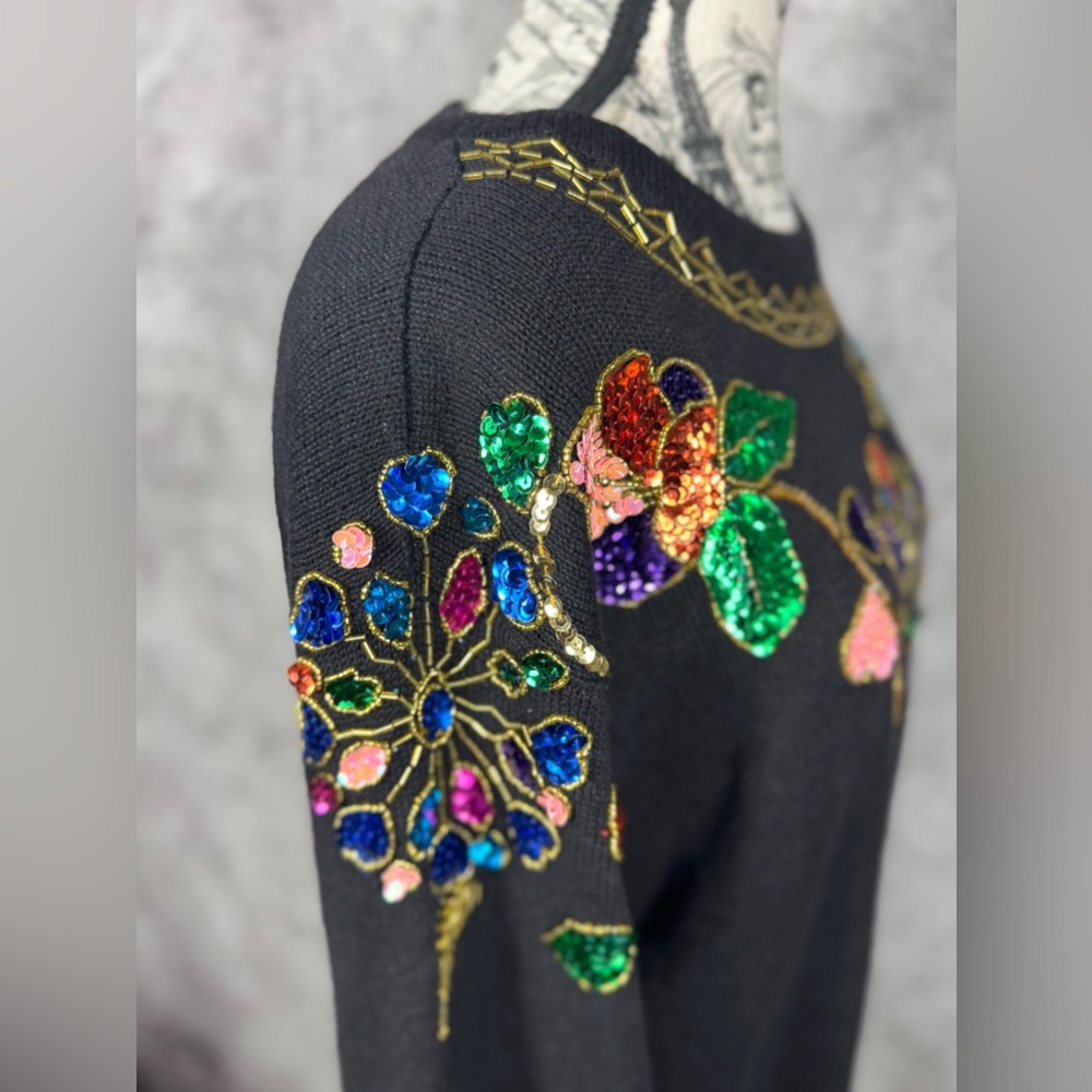 Vintage SML Sport Embellished Tunic Sweater M | Artwear Jewel Tone Beaded Floral - Picture 6 of 12